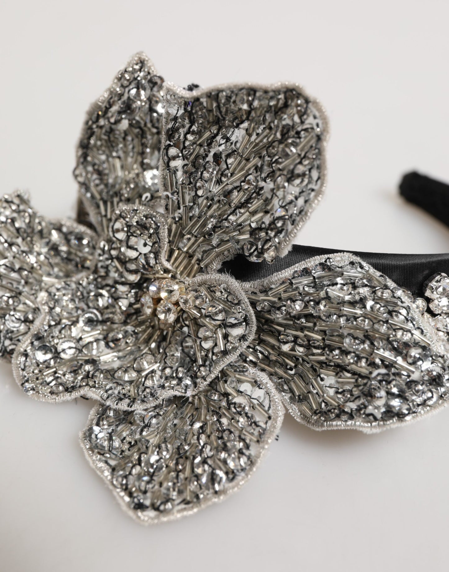 Dolce &amp; Gabbana Schwarzes Haarblumen-Kristall-LIMONI-Damen-Stirnband-Diadem