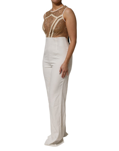 Mangano White Beige Mesh Crystal Embellished Sleeveless Jumpsuit