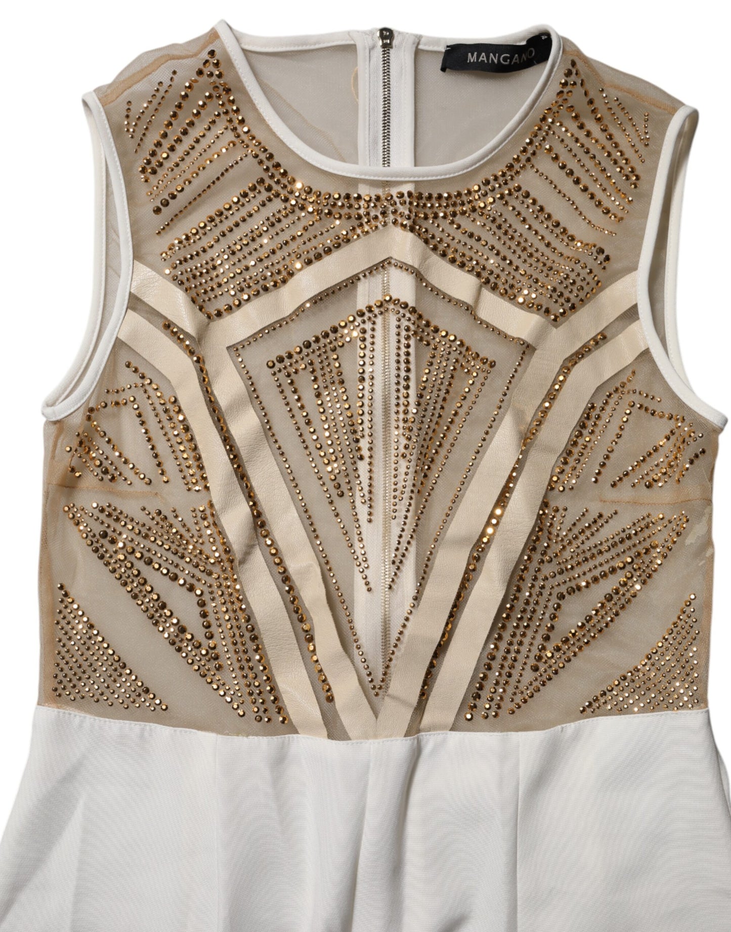 Mangano White Beige Mesh Crystal Embellished Sleeveless Jumpsuit