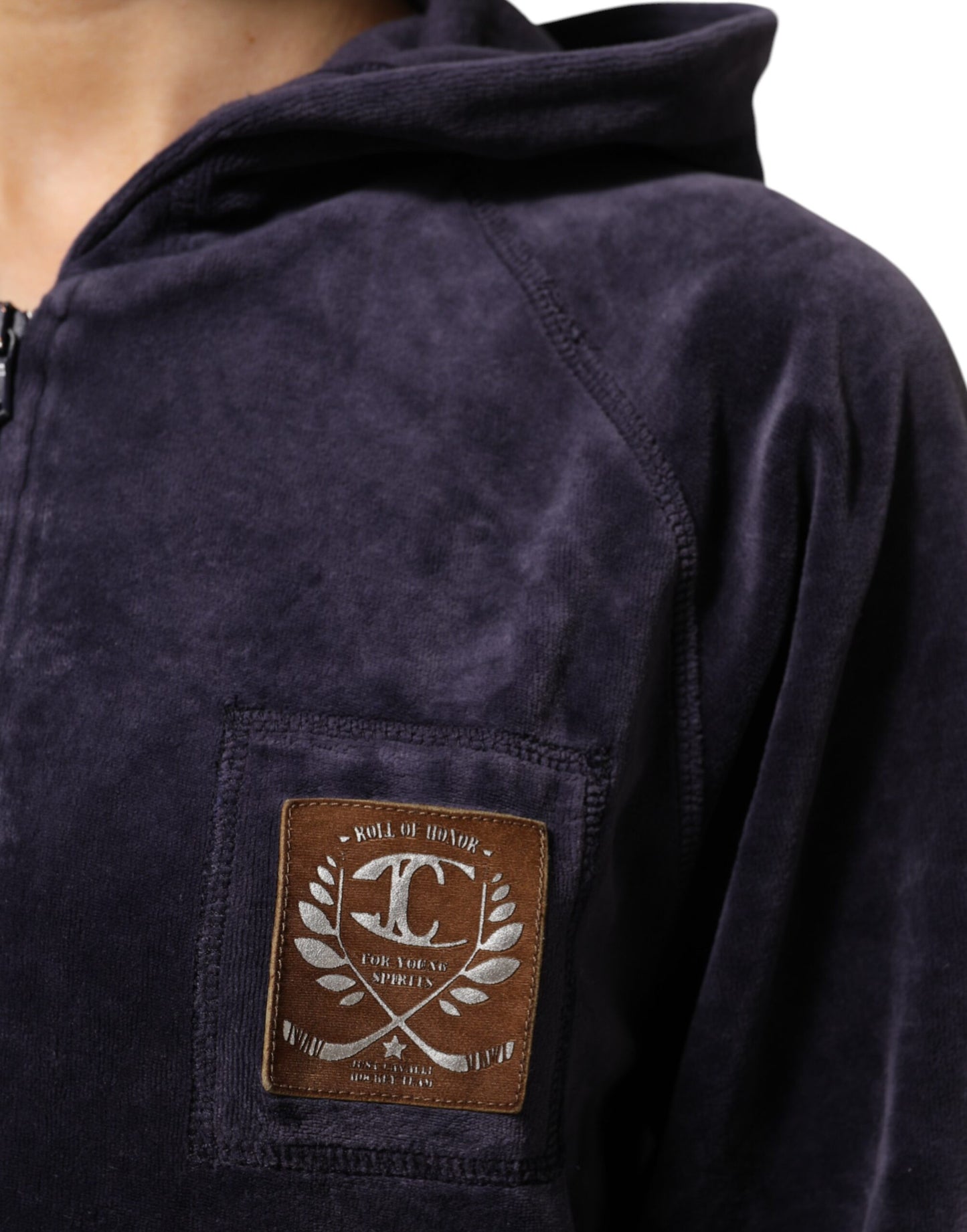 سويت شيرت كافالي كلاس أرجواني من مزيج القطن المخملي بسحاب وغطاء رأس