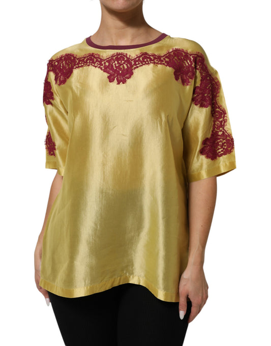 Dolce &amp; Gabbana – Kurzärmliges Oberteil aus Seidensatin mit Blumenspitze in Gelb