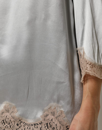 Dolce &amp; Gabbana, langärmliges Oberteil aus Seidensatin mit Blumenspitze in Grau