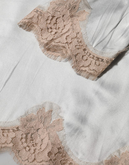 Dolce &amp; Gabbana, langärmliges Oberteil aus Seidensatin mit Blumenspitze in Grau