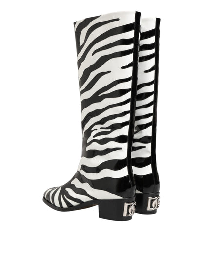 Dolce &amp; Gabbana Schwarz Weiß Zebra Over The Calf Stiefel Schuhe