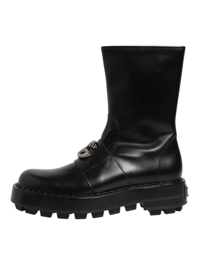 Dolce &amp; Gabbana – Schwarze Bikerstiefel mit Logo-Schild und halbhoher Wadenhöhe
