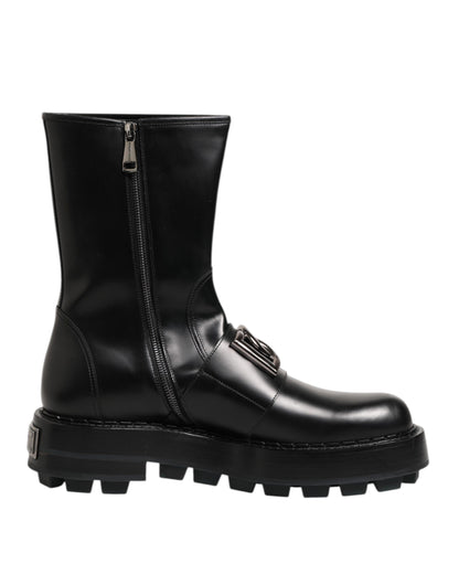Dolce &amp; Gabbana – Schwarze Bikerstiefel mit Logo-Schild und halbhoher Wadenhöhe
