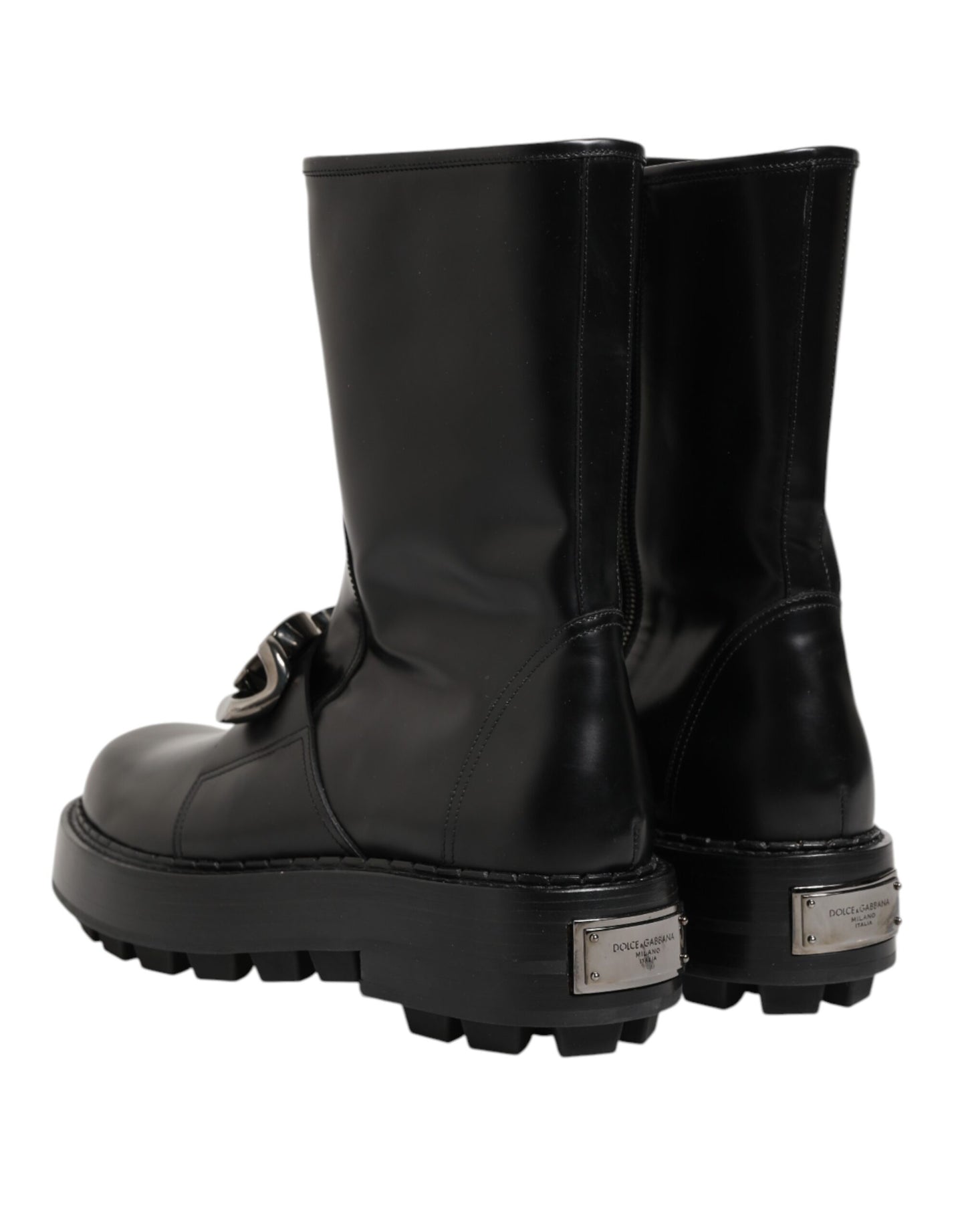 Dolce &amp; Gabbana – Schwarze Bikerstiefel mit Logo-Schild und halbhoher Wadenhöhe