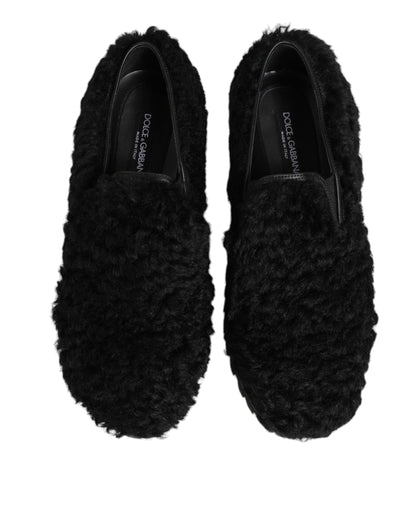Dolce &amp; Gabbana Kleid Schwarze Pelz-Leder-Slipper Herren Schuhe