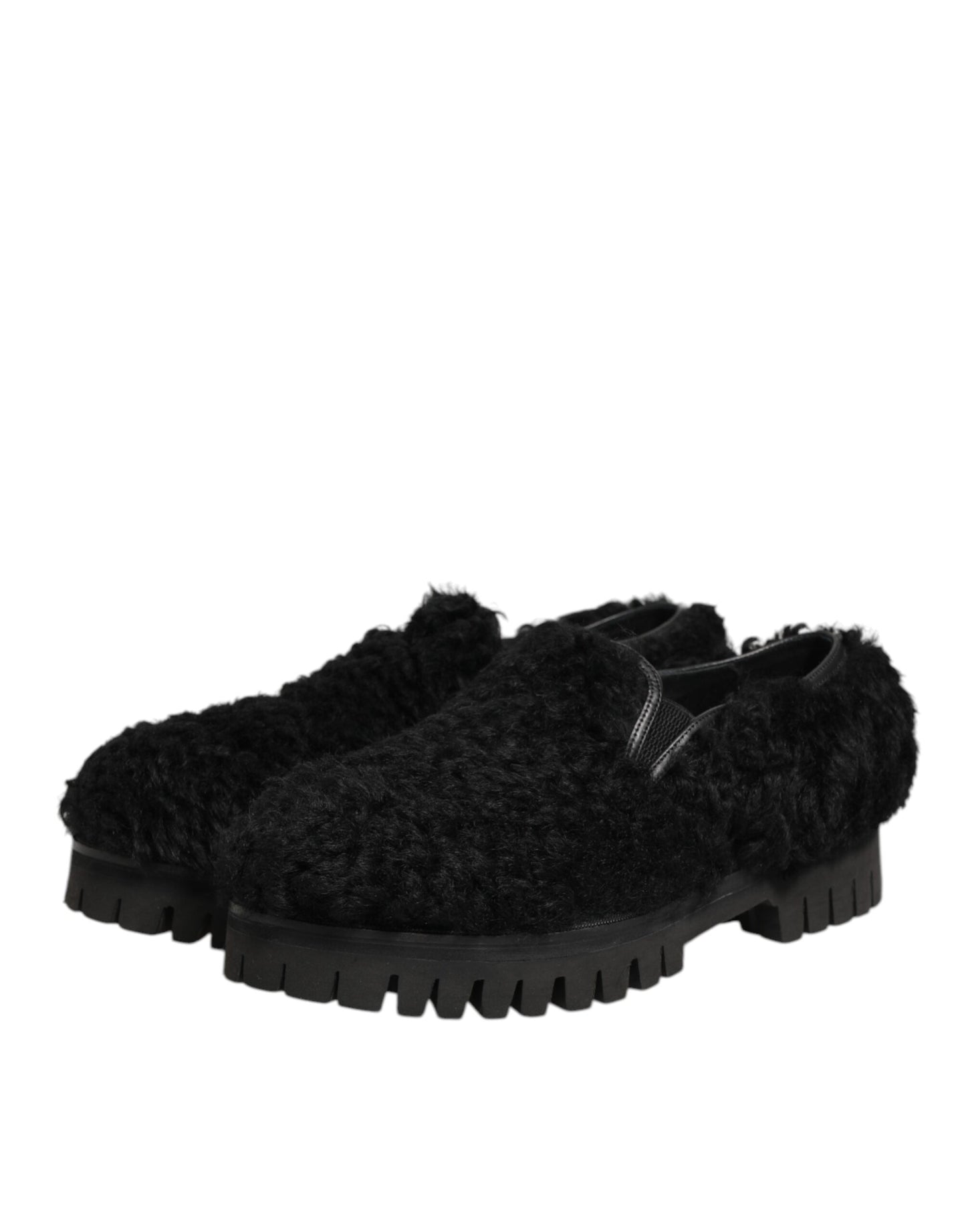 Dolce &amp; Gabbana Kleid Schwarze Pelz-Leder-Slipper Herren Schuhe