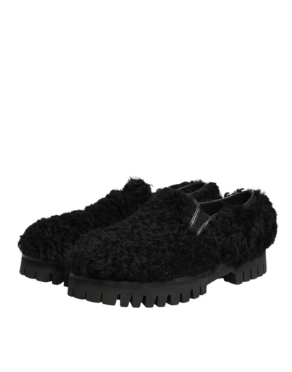 Dolce &amp; Gabbana Kleid Schwarze Pelz-Leder-Slipper Herren Schuhe