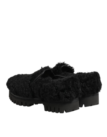 Dolce &amp; Gabbana Kleid Schwarze Pelz-Leder-Slipper Herren Schuhe