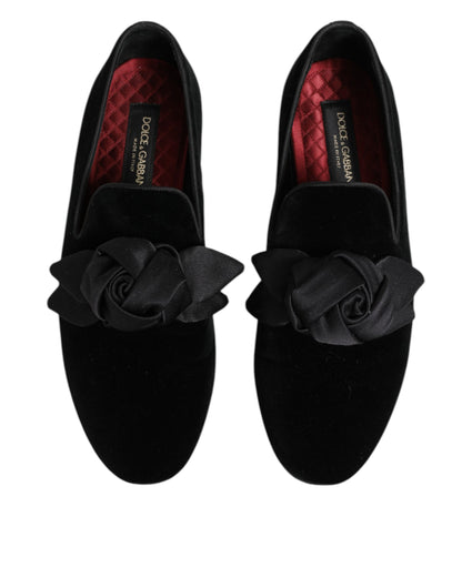 Dolce &amp; Gabbana – Slipper aus schwarzem Wildleder und Baumwolle mit Rosenmuster