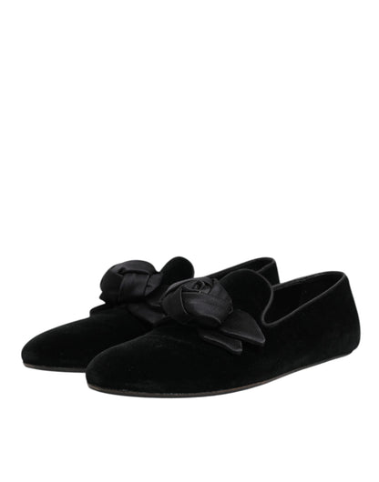 Dolce &amp; Gabbana – Slipper aus schwarzem Wildleder und Baumwolle mit Rosenmuster