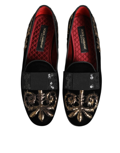 Dolce &amp; Gabbana – Formelle Loafer-Schuhe aus schwarzem Samt mit Stickerei
