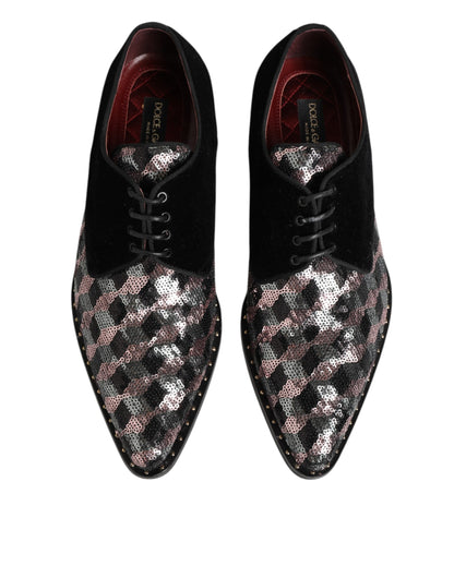 Dolce & Gabbana Black Velvet Multicolor Sequin Derby Men Shoes