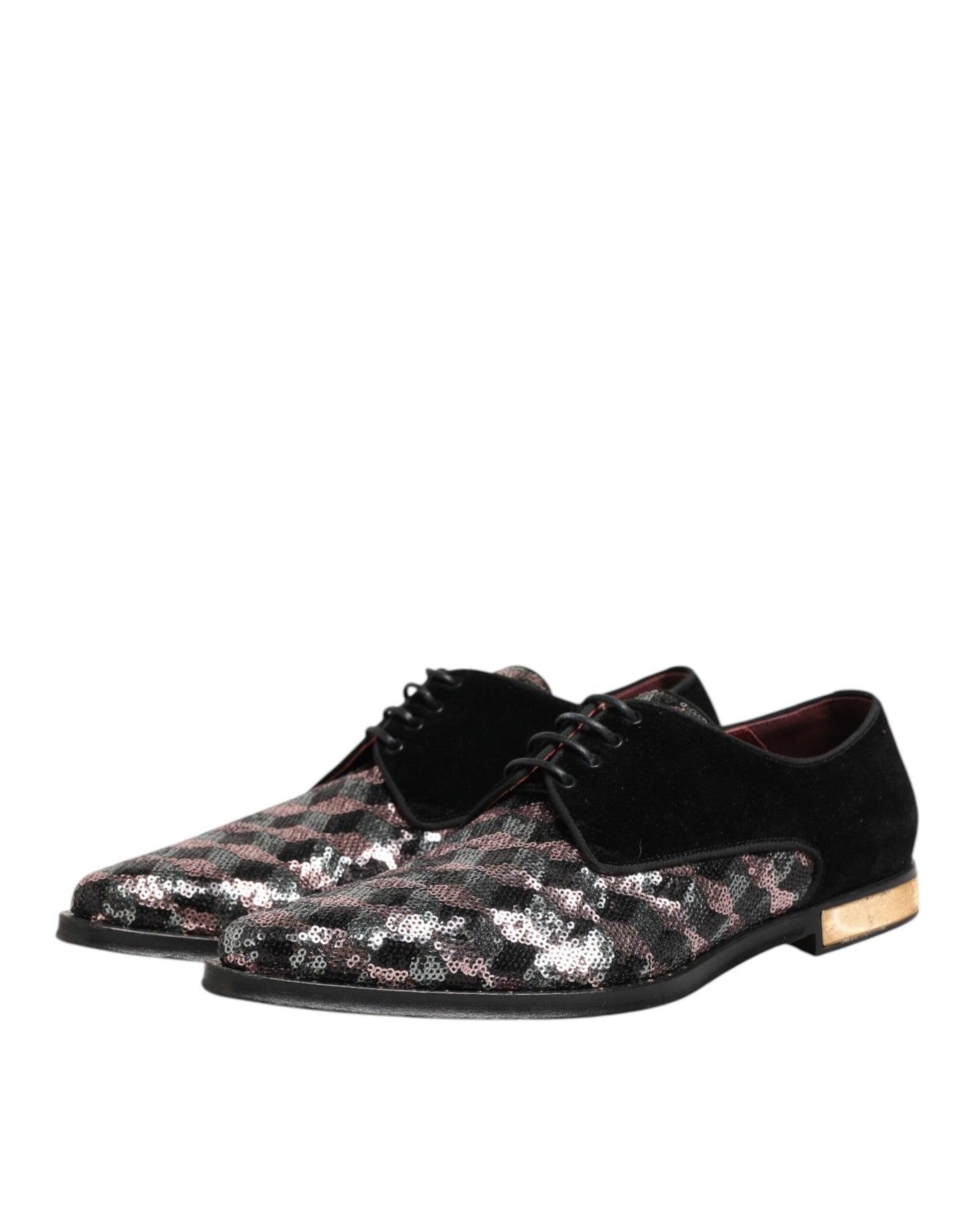 Dolce & Gabbana Black Velvet Multicolor Sequin Derby Men Shoes