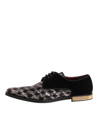 Dolce & Gabbana Black Velvet Multicolor Sequin Derby Men Shoes