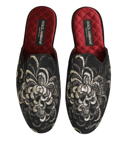 Dolce &amp; Gabbana – Schwarze Jacquard-Slipper mit Blumenmuster