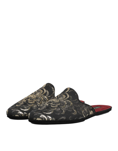 Dolce &amp; Gabbana – Schwarze Jacquard-Slipper mit Blumenmuster