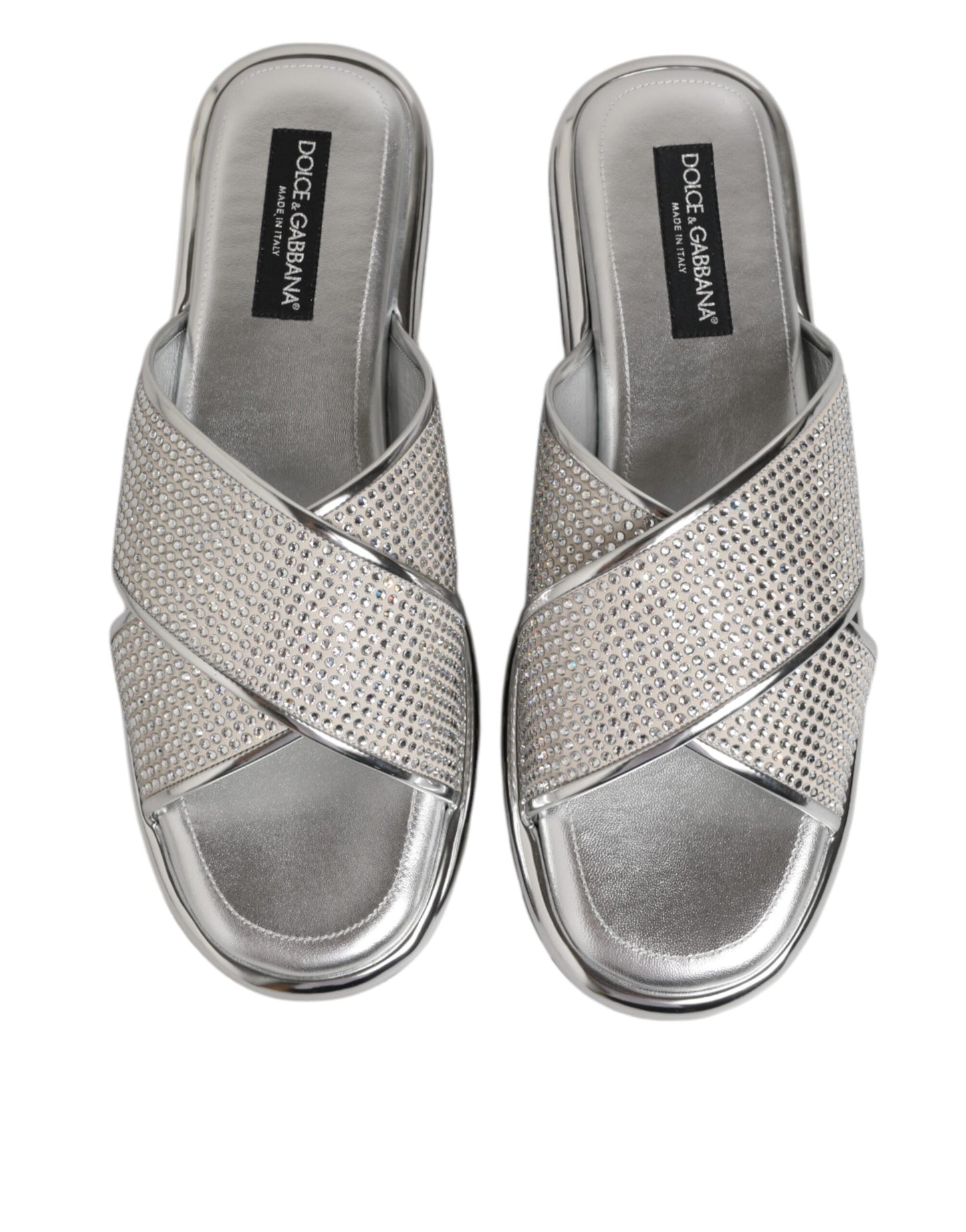 Dolce &amp; Gabbana Silber Strass Slides Flats Hausschuhe Schuhe