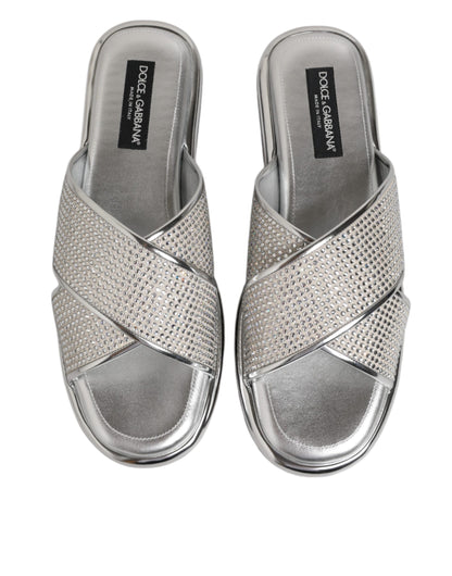 Dolce &amp; Gabbana Silber Strass Slides Flats Hausschuhe Schuhe