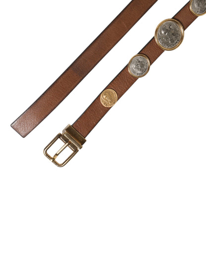Dolce &amp; Gabbana Brauner Ledergürtel mit gold-silberner Münzschnalle