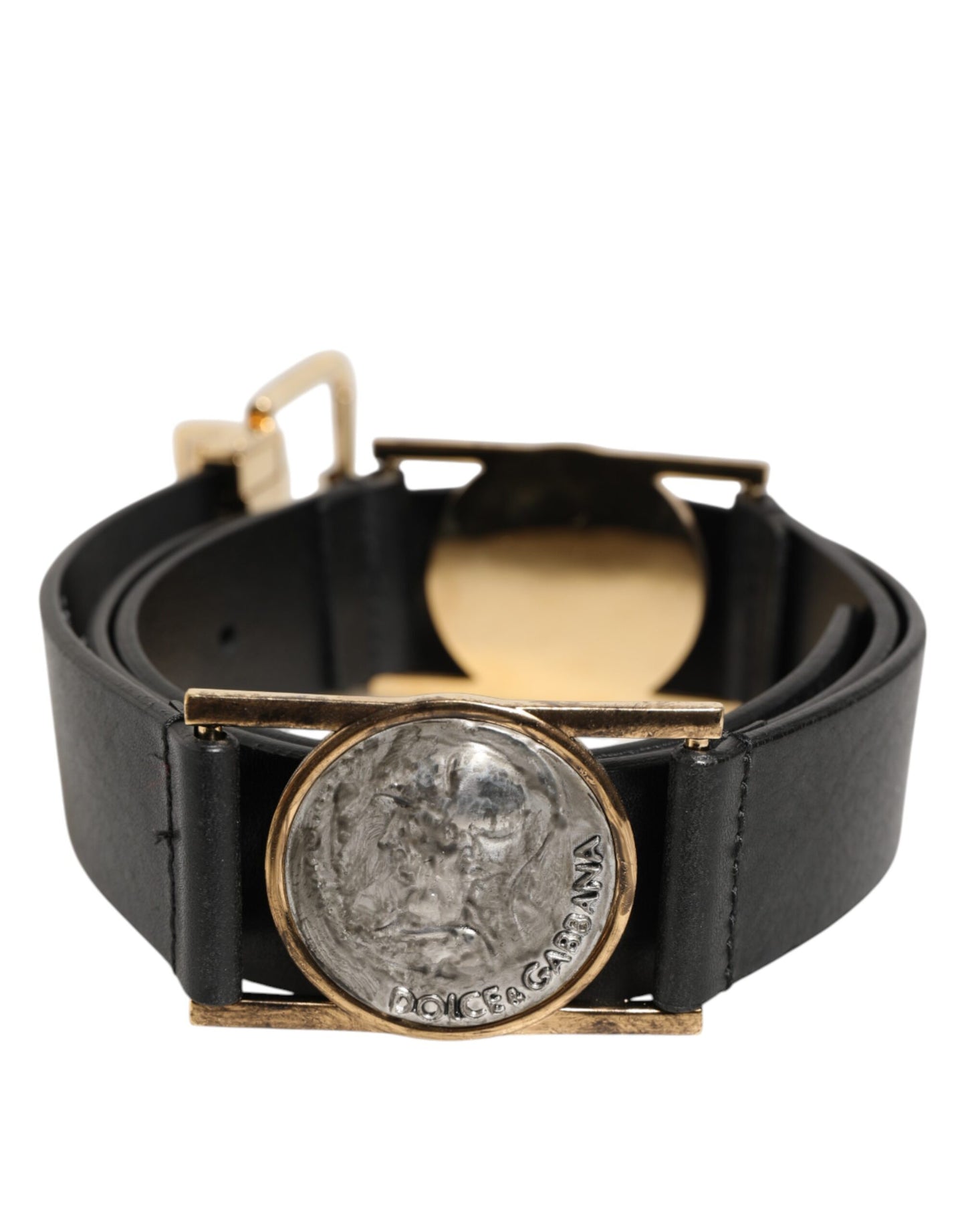 Dolce &amp; Gabbana Gürtel aus schwarzem Leder mit gold-silberner Münzschnalle