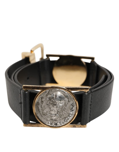 Dolce &amp; Gabbana Gürtel aus schwarzem Leder mit gold-silberner Münzschnalle