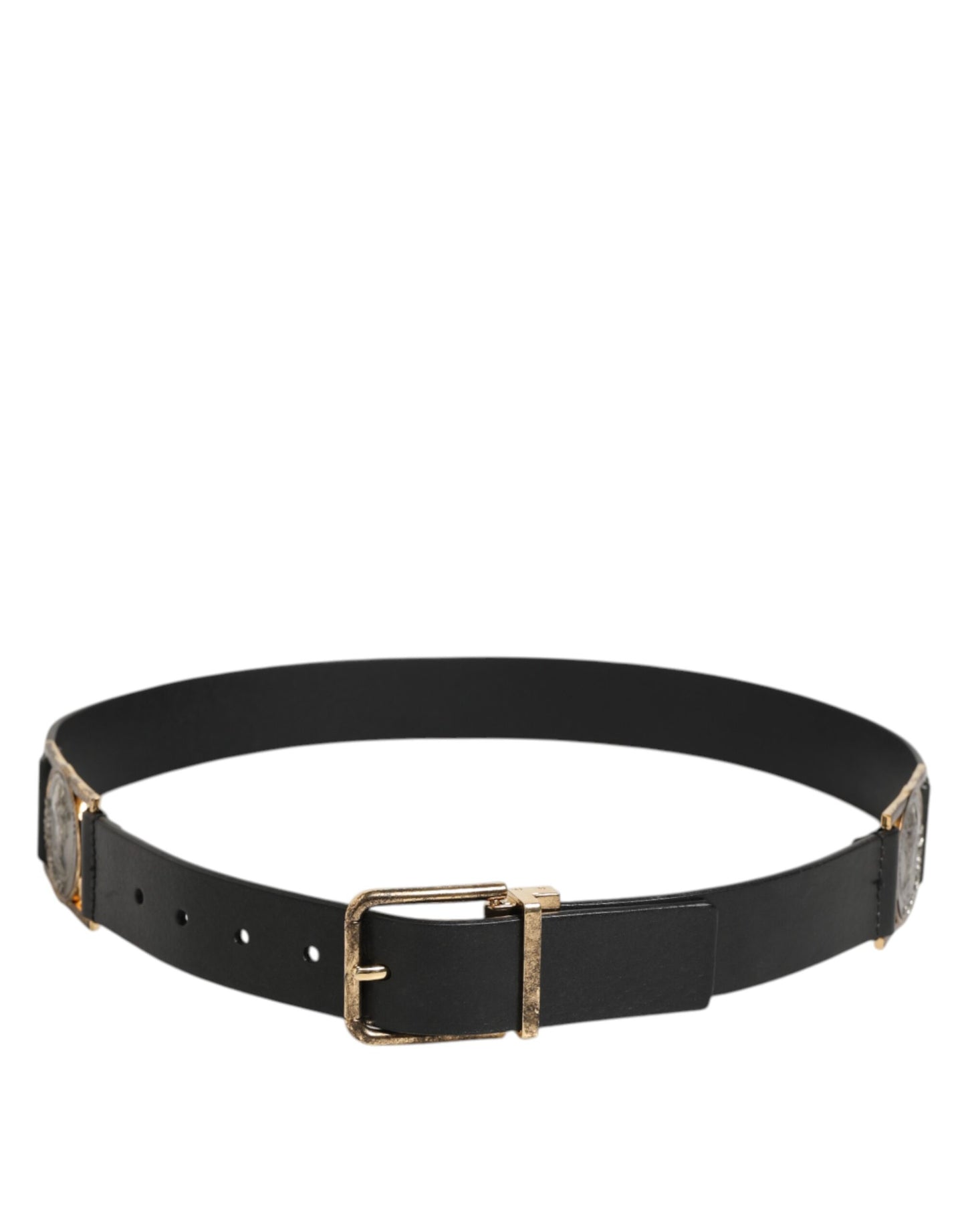 Dolce &amp; Gabbana Gürtel aus schwarzem Leder mit gold-silberner Münzschnalle