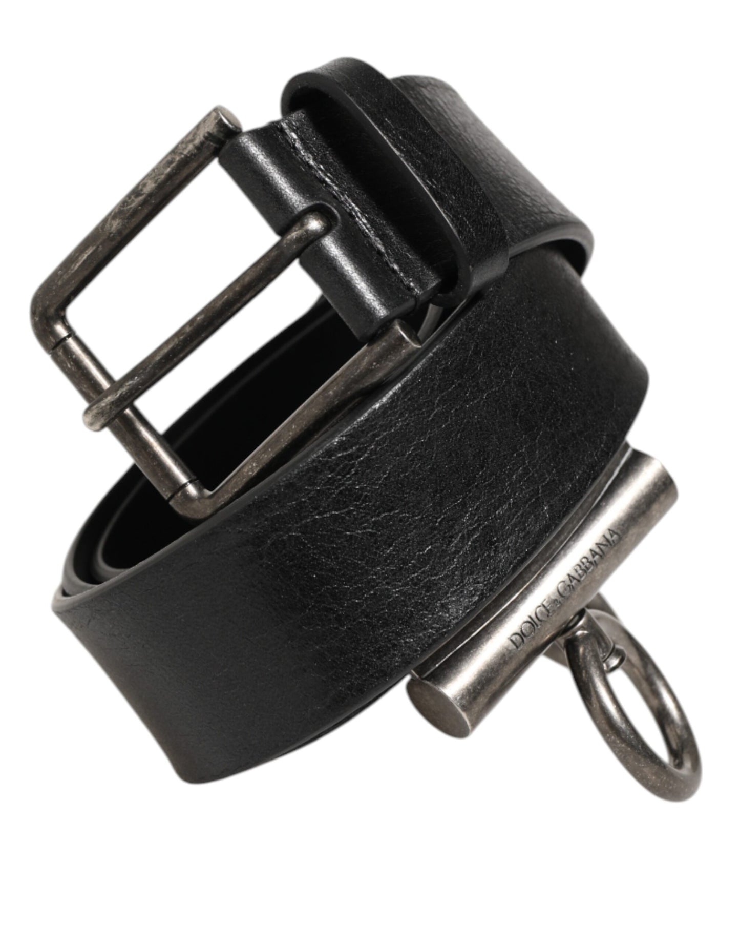Dolce &amp; Gabbana – Schwarzer Ledergürtel mit seitlichen Ringen und Messingschnalle
