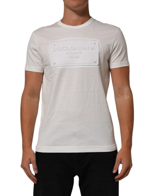 Dolce &amp; Gabbana – Weißes Baumwoll-T-Shirt mit Rundhalsausschnitt und Logo-Patch