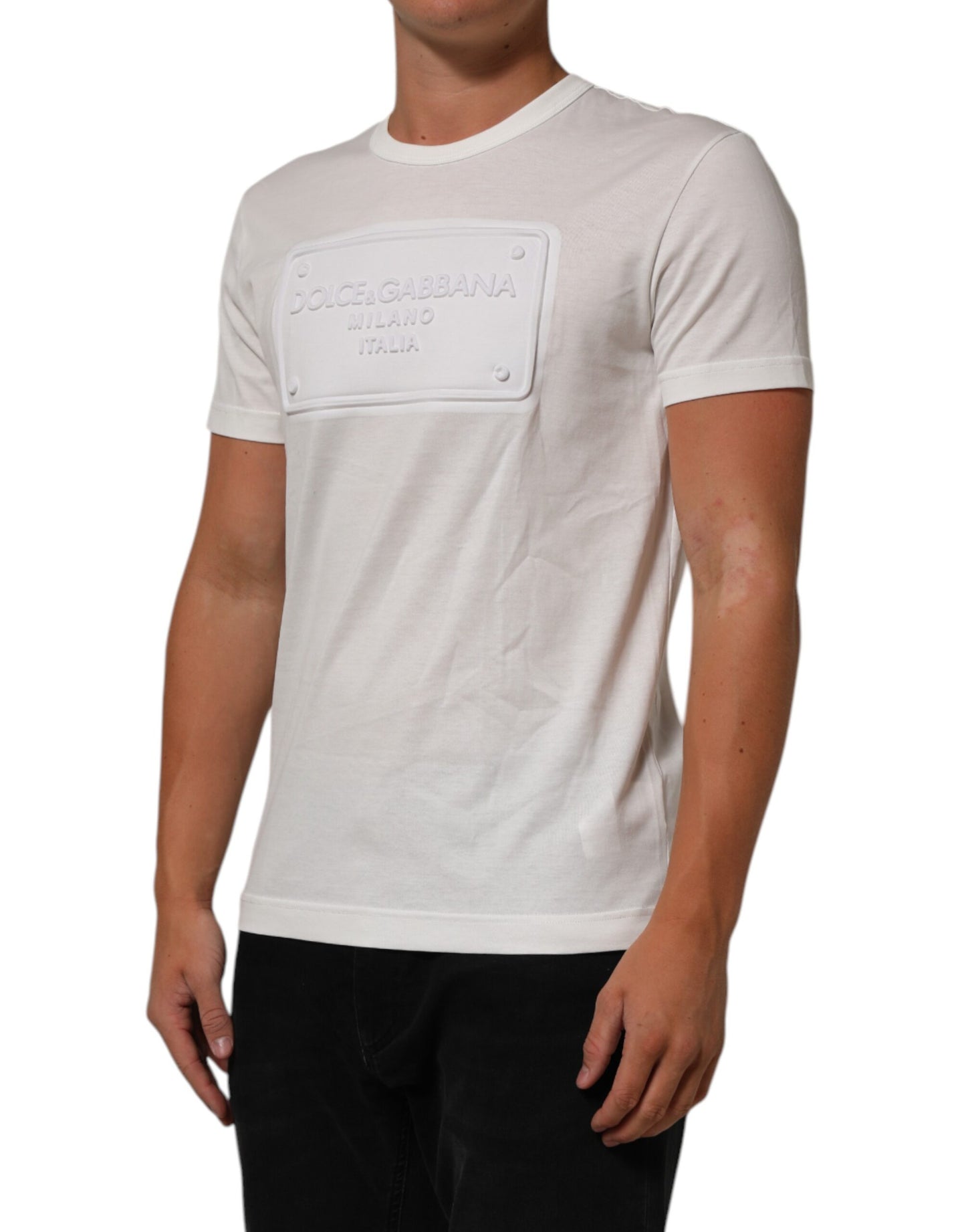 Dolce &amp; Gabbana – Weißes Baumwoll-T-Shirt mit Rundhalsausschnitt und Logo-Patch