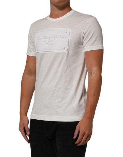 Dolce &amp; Gabbana – Weißes Baumwoll-T-Shirt mit Rundhalsausschnitt und Logo-Patch