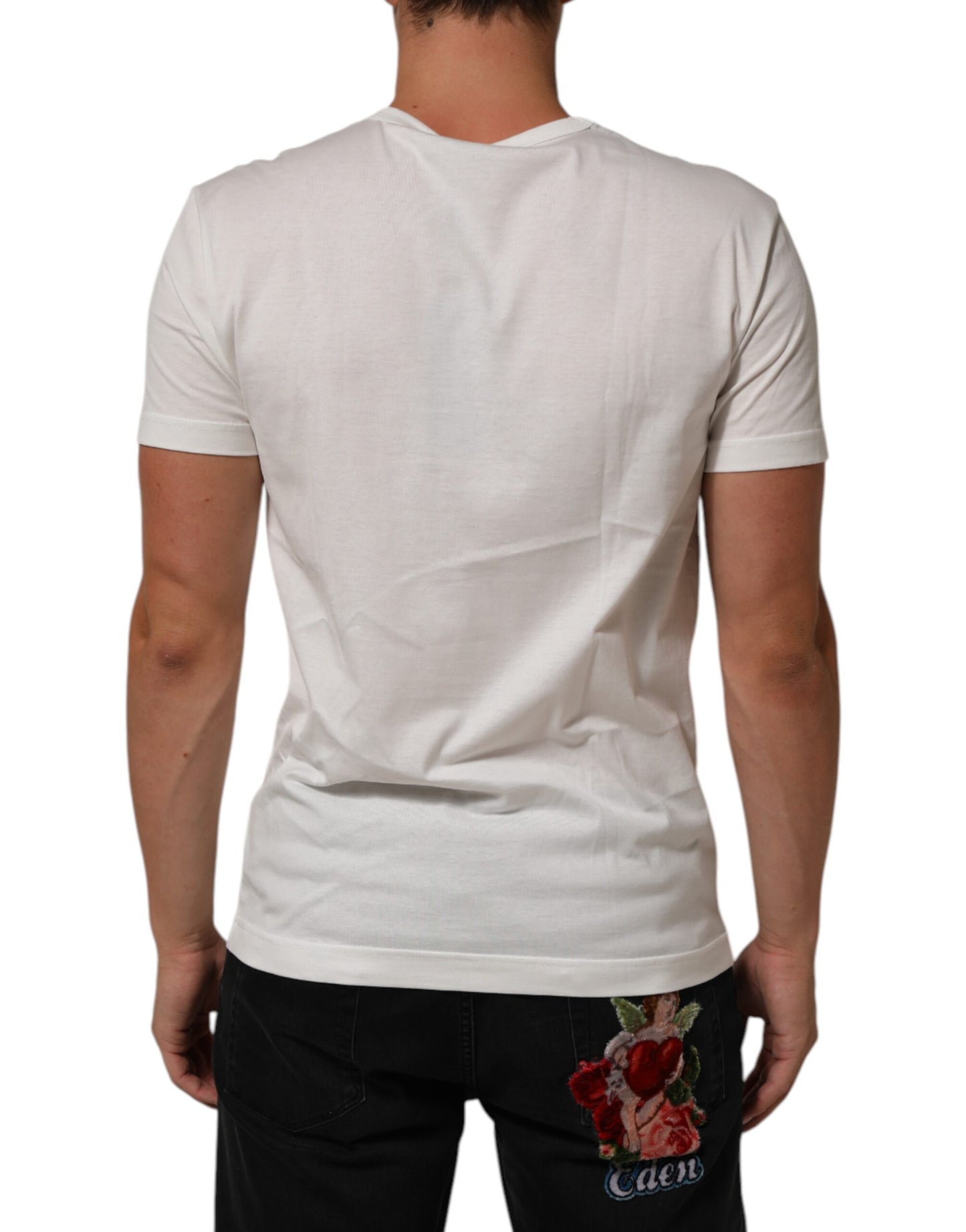 Dolce &amp; Gabbana – Weißes Baumwoll-T-Shirt mit Rundhalsausschnitt und Logo-Patch