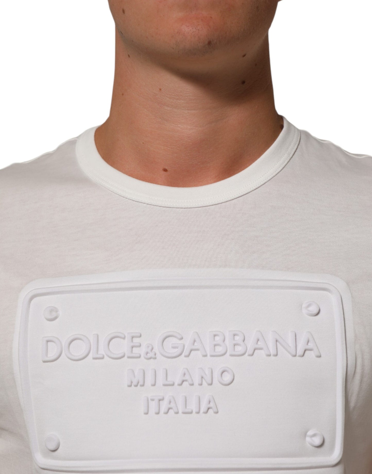 Dolce &amp; Gabbana – Weißes Baumwoll-T-Shirt mit Rundhalsausschnitt und Logo-Patch