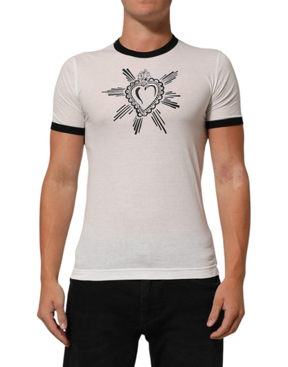 Dolce &amp; Gabbana – Weißes T-Shirt aus Baumwolle mit Rundhalsausschnitt und Sacred Heart-Print
