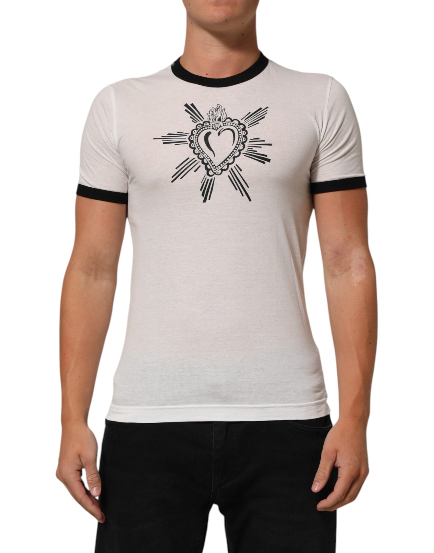 Dolce &amp; Gabbana – Weißes T-Shirt aus Baumwolle mit Rundhalsausschnitt und Sacred Heart-Print