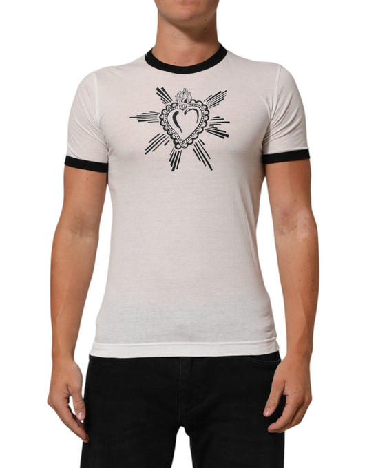 Dolce &amp; Gabbana – Weißes T-Shirt aus Baumwolle mit Rundhalsausschnitt und Sacred Heart-Print