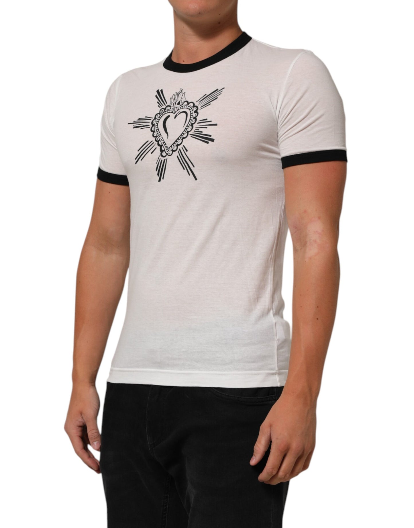 Dolce &amp; Gabbana – Weißes T-Shirt aus Baumwolle mit Rundhalsausschnitt und Sacred Heart-Print