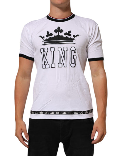 Dolce &amp; Gabbana – Weißes Baumwoll-T-Shirt mit Kronenkönig-Stickerei