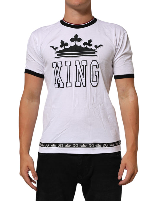 Dolce &amp; Gabbana – Weißes Baumwoll-T-Shirt mit Kronenkönig-Stickerei