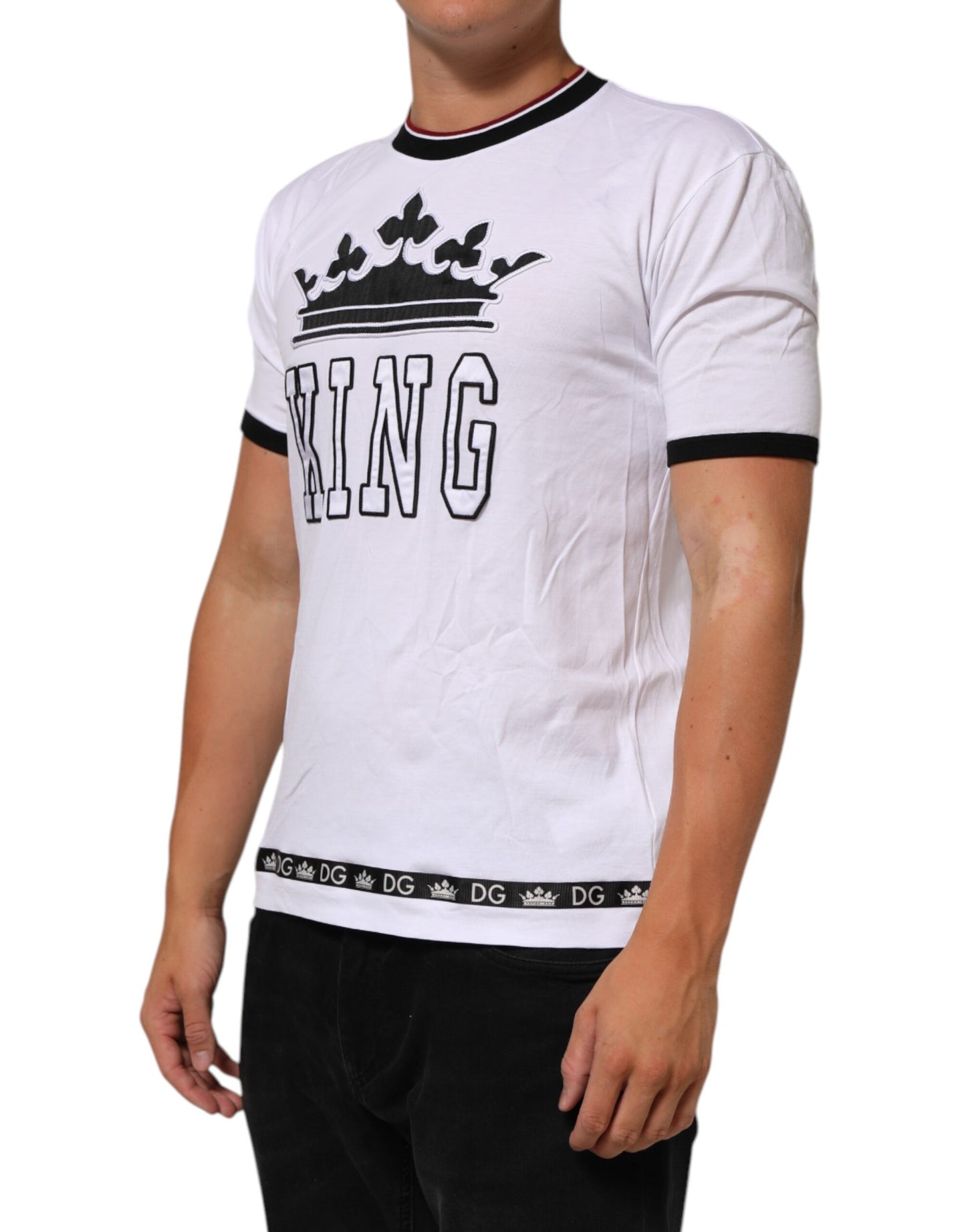 Dolce &amp; Gabbana – Weißes Baumwoll-T-Shirt mit Kronenkönig-Stickerei