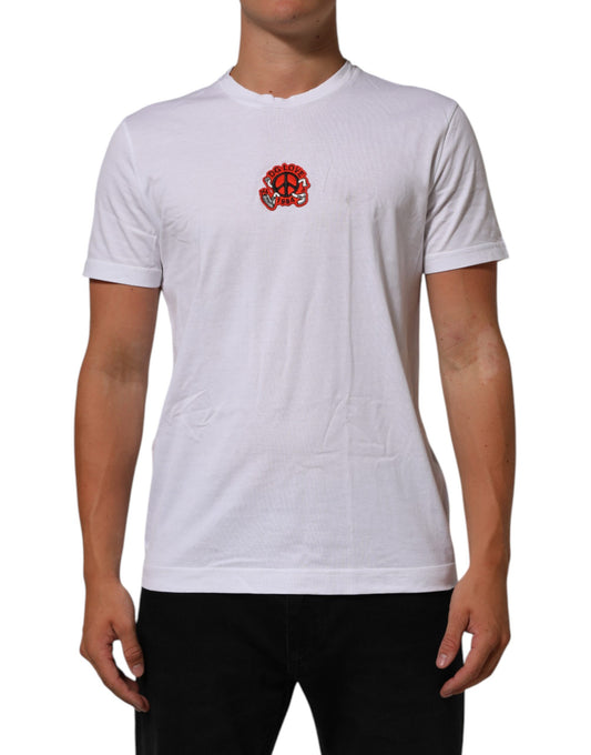 Dolce &amp; Gabbana – Weißes Baumwoll-T-Shirt mit DG-Love-Patch und Rundhalsausschnitt