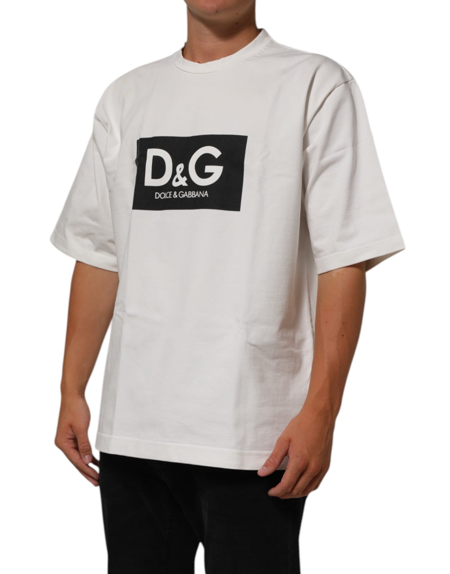 Dolce &amp; Gabbana – Weißes Herren-T-Shirt mit Rundhalsausschnitt und Logo-Print aus Baumwolle
