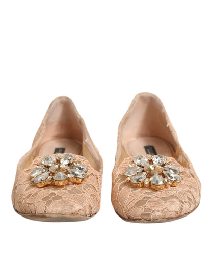 Dolce &amp; Gabbana Beige Taormina Lace Crystals Flats Schuhe