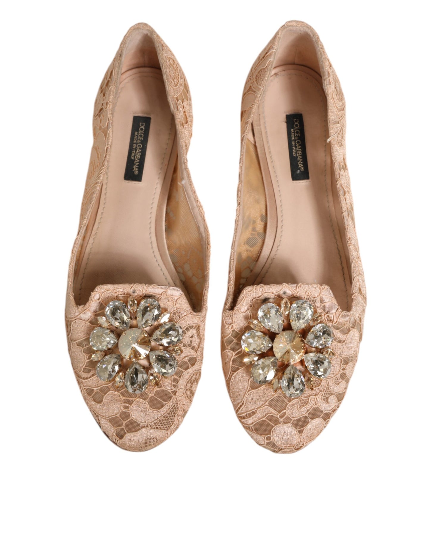 Dolce &amp; Gabbana Beige Taormina Lace Crystals Flats Schuhe