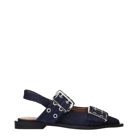 Ganni – Flache Sandalen aus blauem Stoff