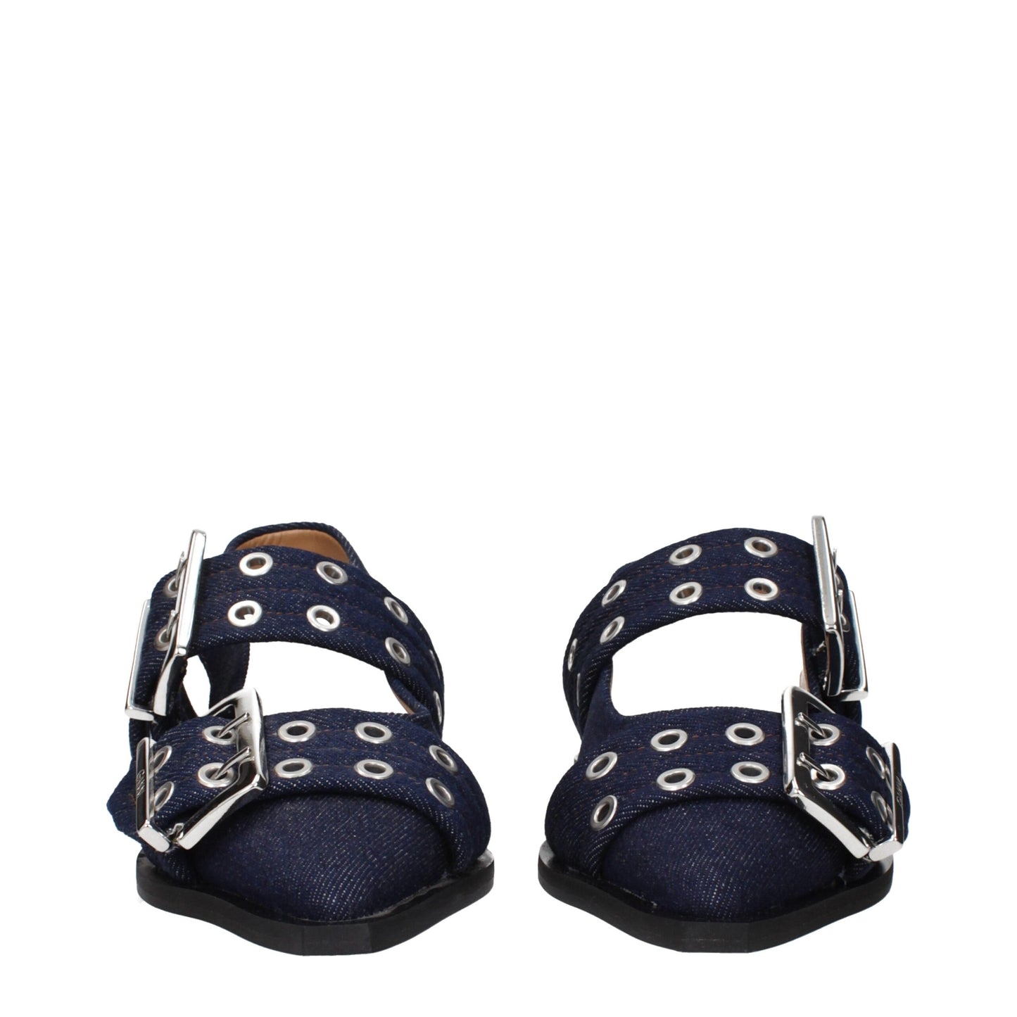Ganni – Flache Sandalen aus blauem Stoff