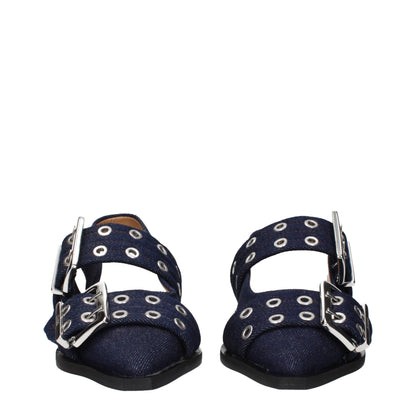 Ganni – Flache Sandalen aus blauem Stoff