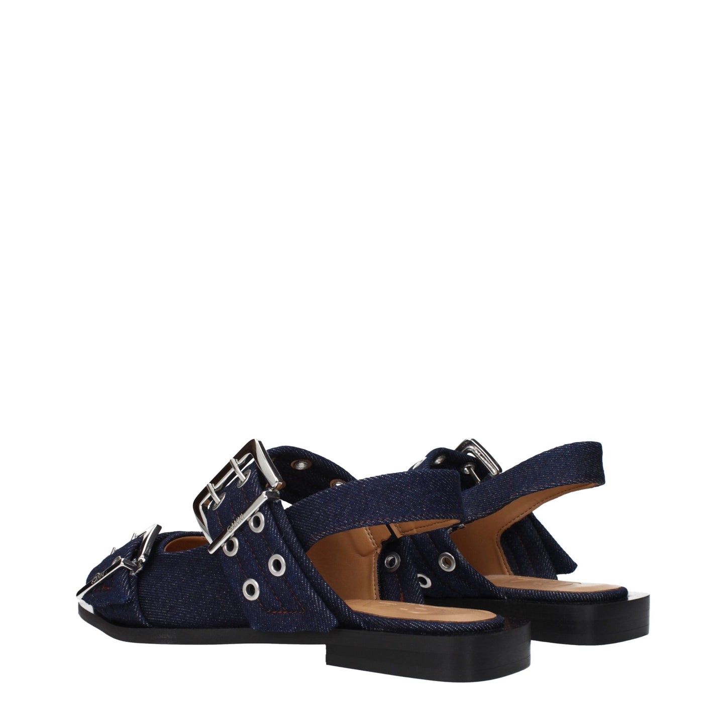 Ganni – Flache Sandalen aus blauem Stoff